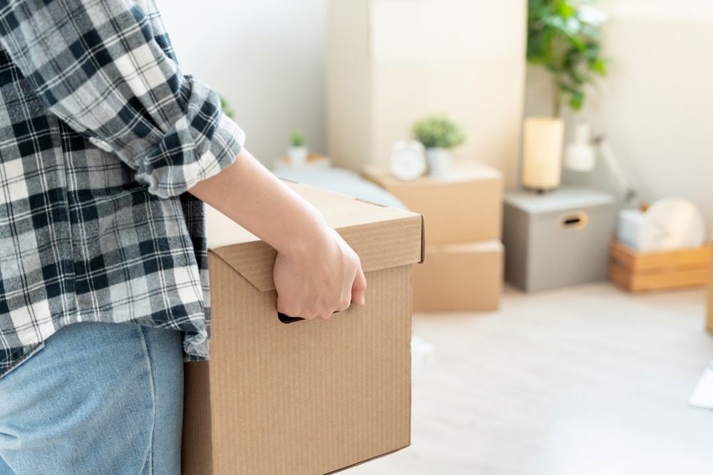 Moving,House,,Relocation.,Woman,Hold,Carton,Box,Contain,Equipment,For